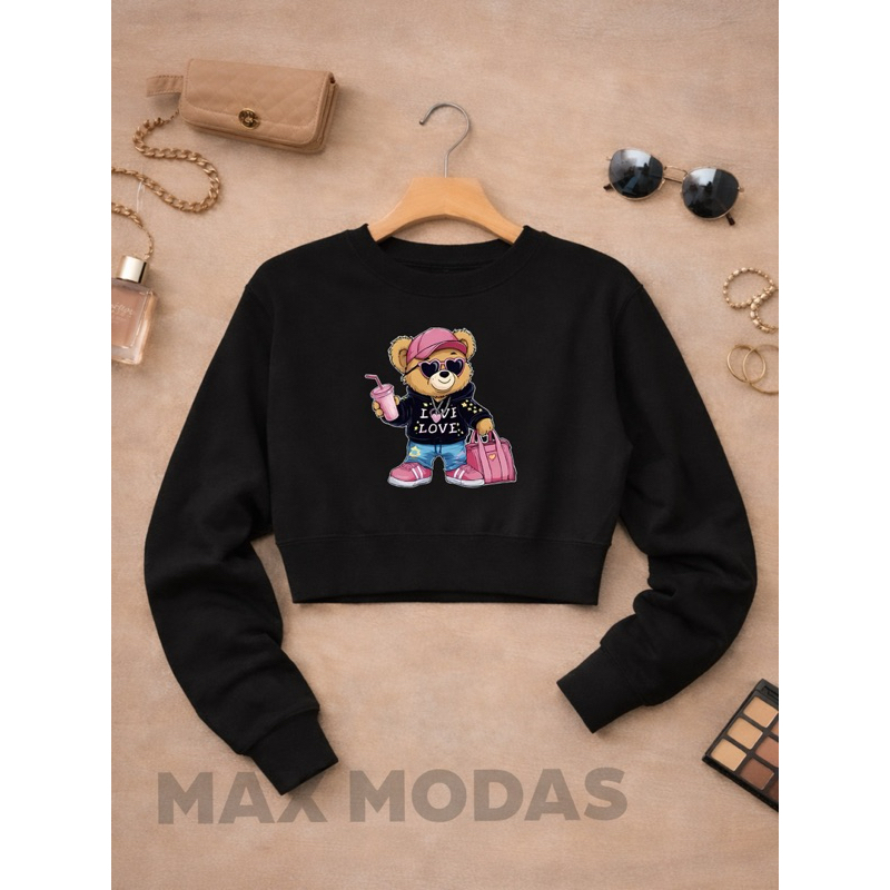 Cropped Feminino Moletom Urso Bolsa Do P ao GG Gola Careca