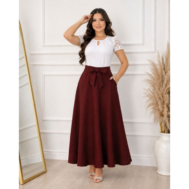 Saia Longa Social Premium Marante com Cinto Amarração +bolso / Zíper Lateral Elegante Luxo