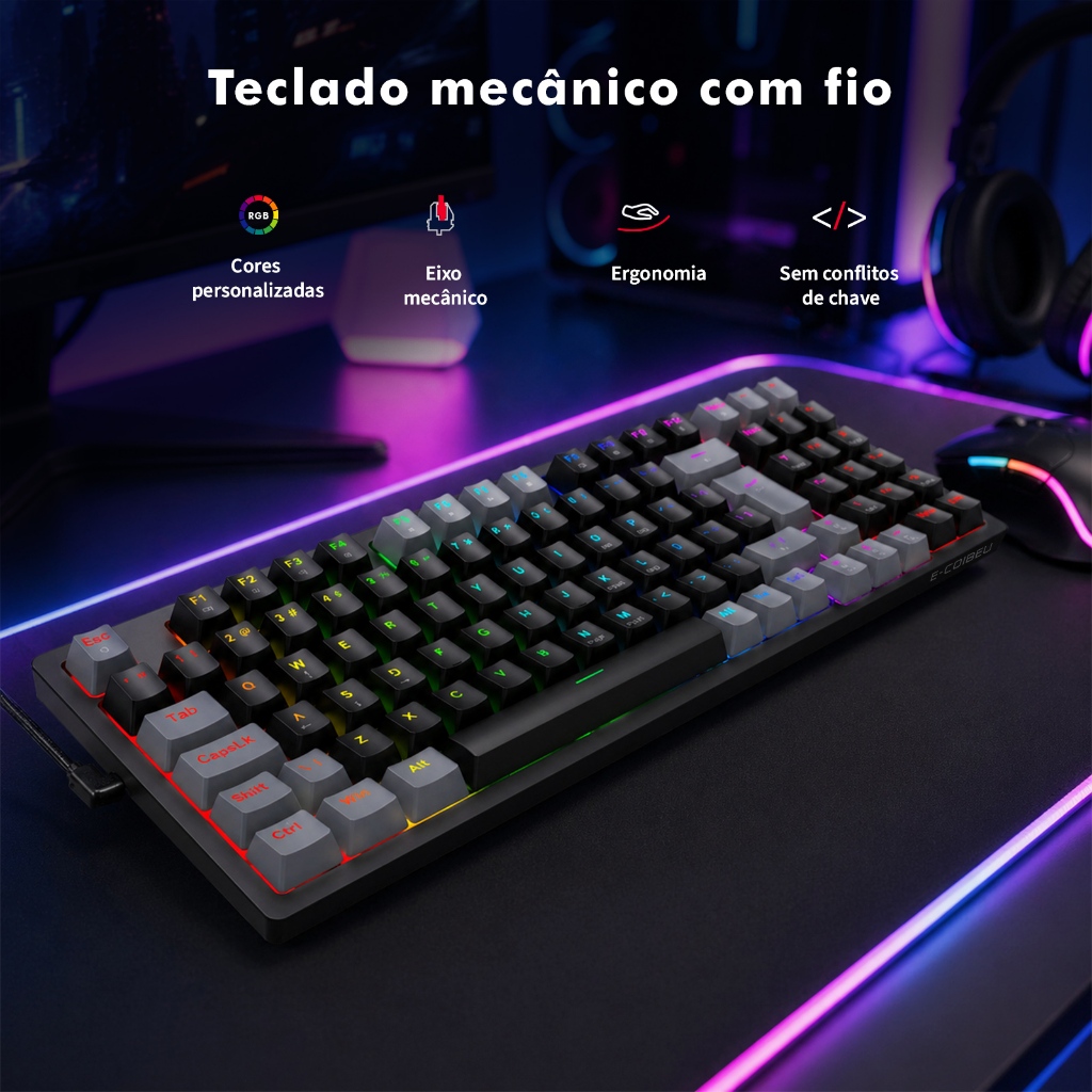 Teclado Mecanico com Fio RGB Luz de Fundo Hot Swap Eixo Vermelho 95 Teclas Ergonomico Cinza e Preto