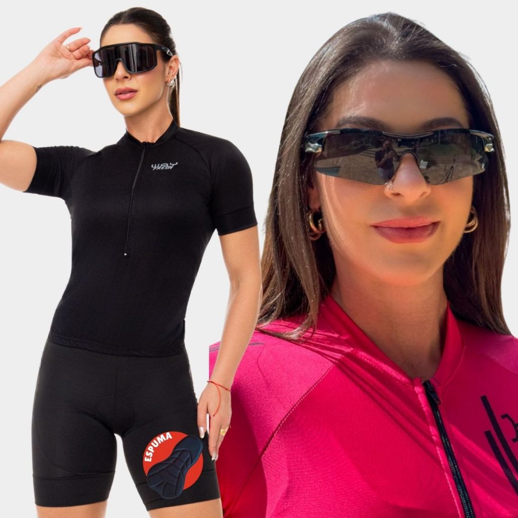 Kit 3 Feminino Ciclismo Camisa Feminina Way Fresh Bermuda Espuma Óculos Esportivo Track Ciclista