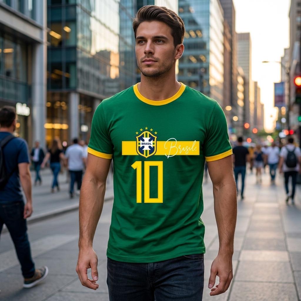 Camiseta Brasil Copa do Mundo Faixa Masculina Streetwear Algodão 26.1