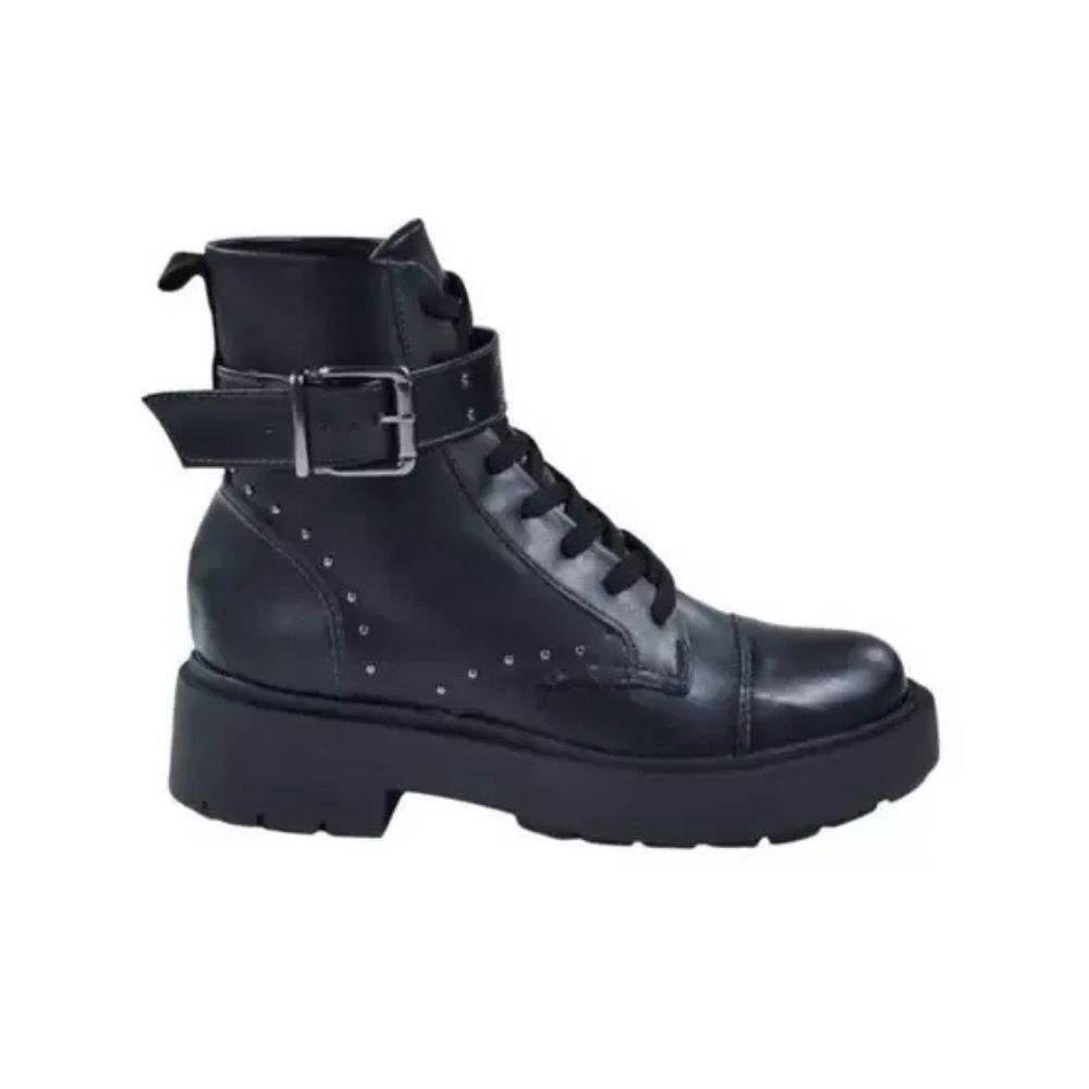 Bota Coturno Feminina Tratorada Sua Cia comTachas Preta Salto Fivela Cano Médio Cadarço 830714708