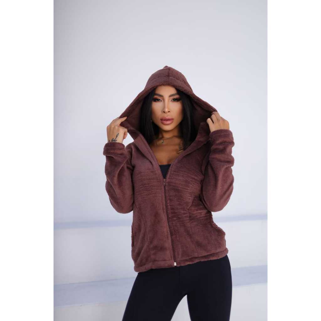 Blusa Feminina Casaco Teddy Jaqueta Com Capuz Bolso Zíper Frontal Pelúciada Quentinha Confortável Tendencia Moda Inverno