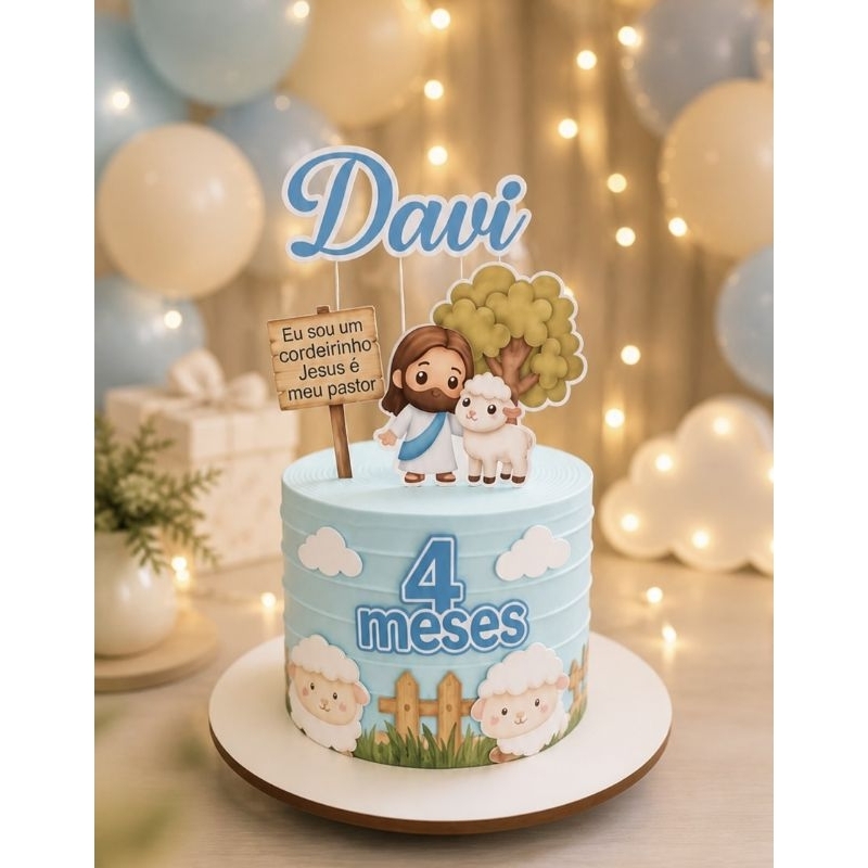 Topo de Bolo Cordeirinho Jesus Meu Pastor | Tema Religioso Infantil Menino | Topper Batizado Mesversário Personalizado