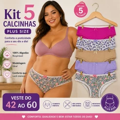 Kit com 5 Calcinhas Plus Size Tangão em Algodão Cintura Média Confortável Tamanhos 42 ao 60