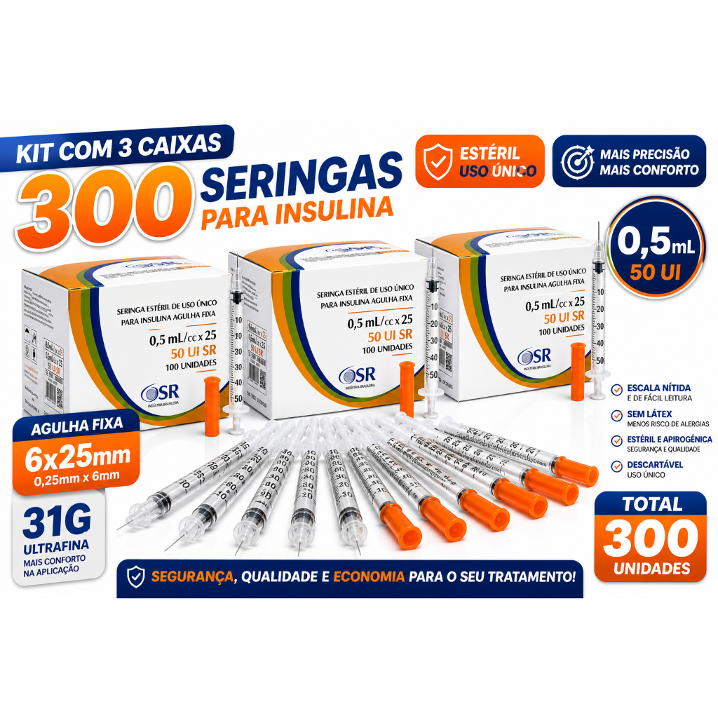 Kit 300 Seringa Insulina 0,5mL 50UI 6x25 31G SR Agulha Fixa Estéril Descartável (3 Caixas)
