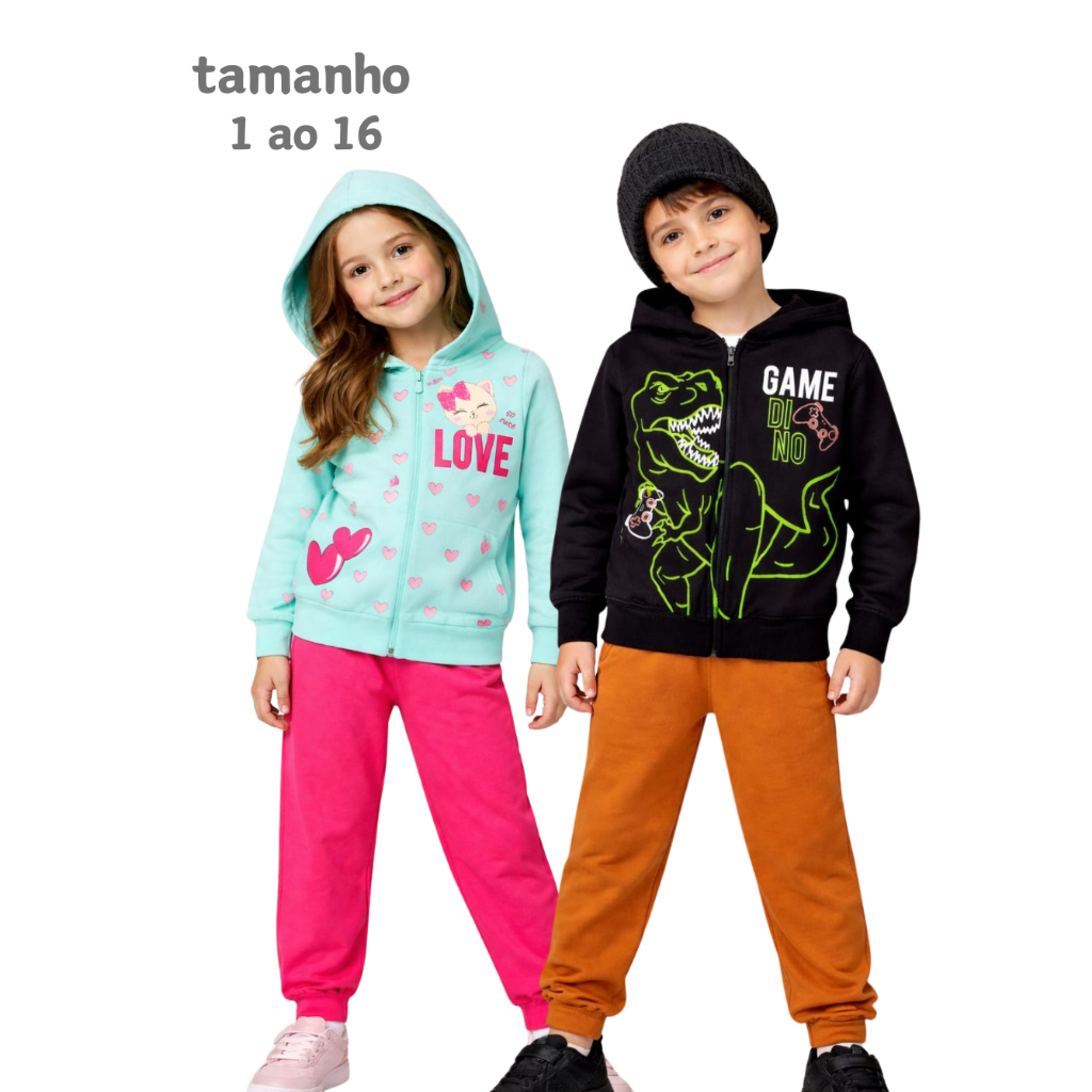 1 Conjunto Moletom Infantil 1 ao 16 Menina Menino Juvenil roupa inverno com ziper e capuz