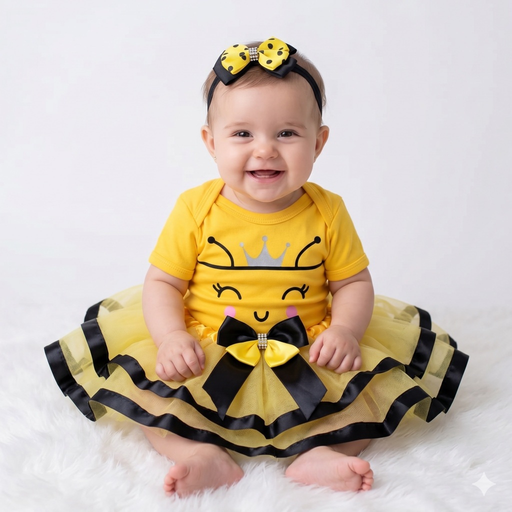 Body Bebê Temático Abelhinha Roupa Infantil + Saia Tutu + Laço Mêsversário