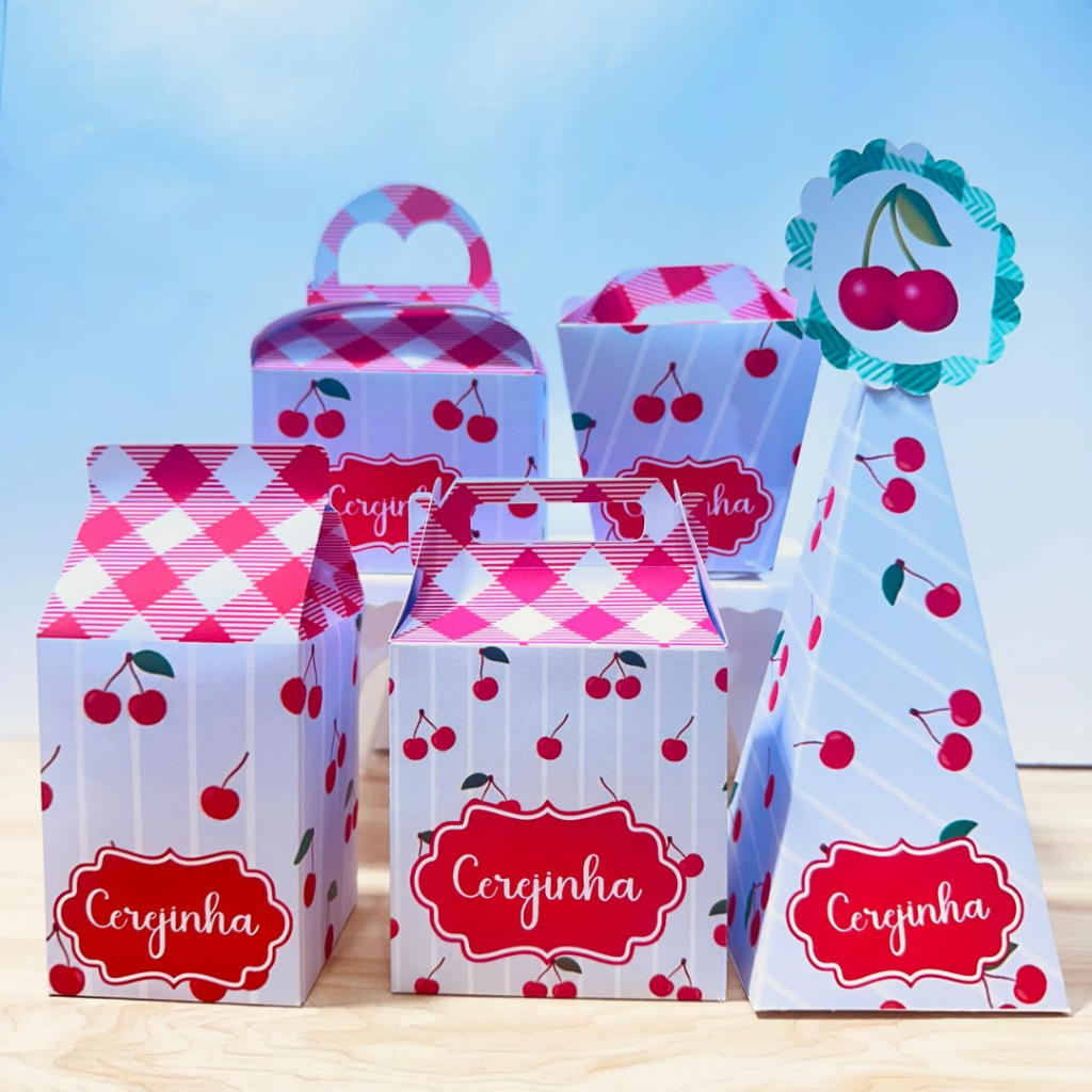 Kit Pegue e Monte Caixinhas Personalizadas Cerejinha Lembrancinha Festa Infantil Aniversário