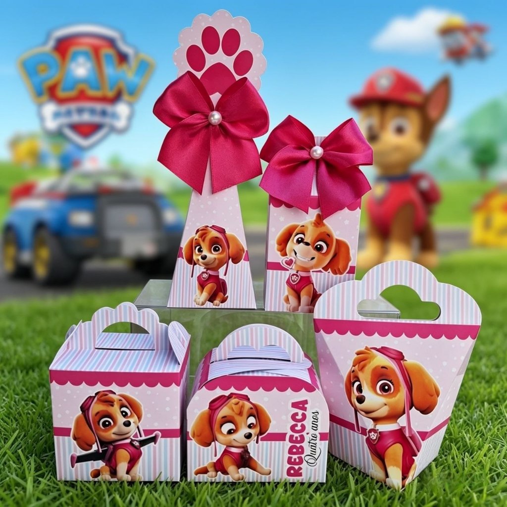 Kit Personalizados SKY PATRULHA CANINA CACHORRINHO ROSA Pegue e Monte Caixinhas Lembrancinhas Festa Infantil Aniversário