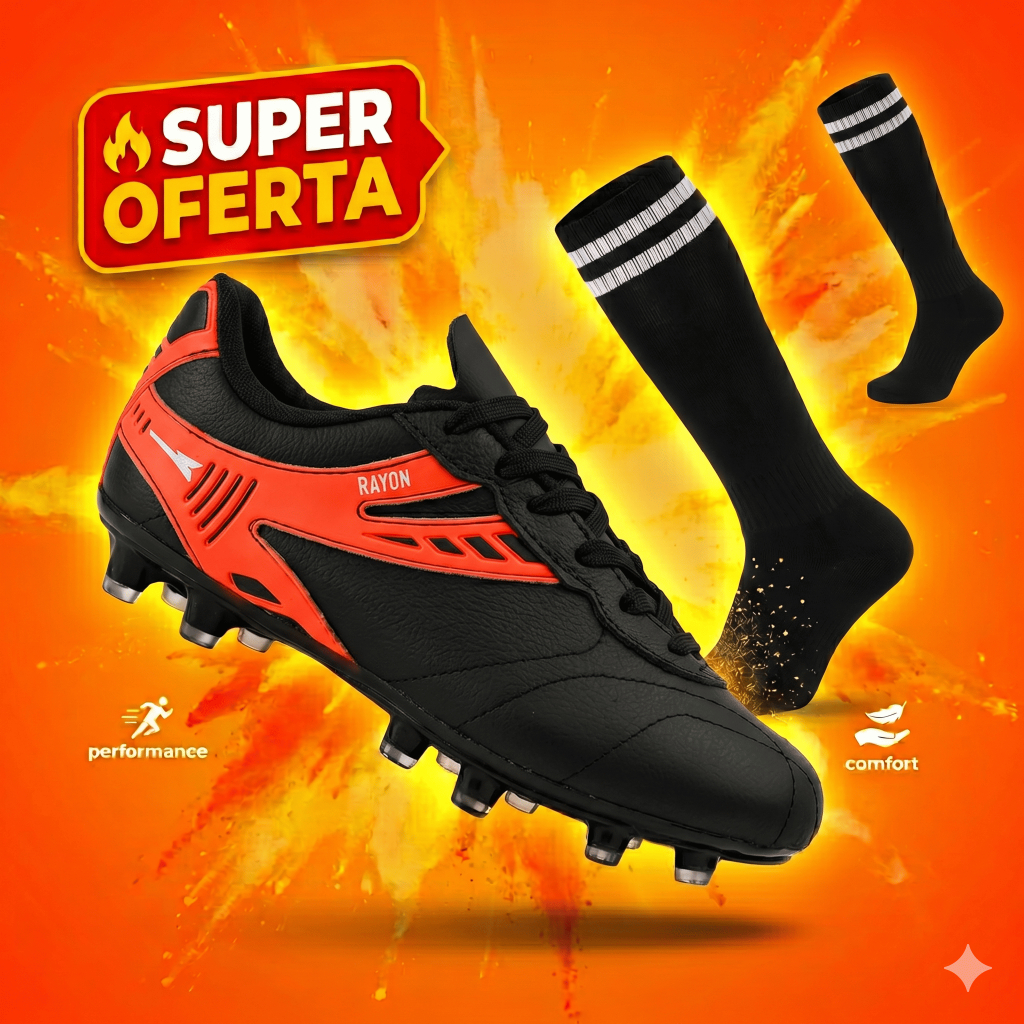 Chuteira em Couro 100% Legitimo Campo Trava Resistente Costurada Original Fly Grip R416-03 + Meião