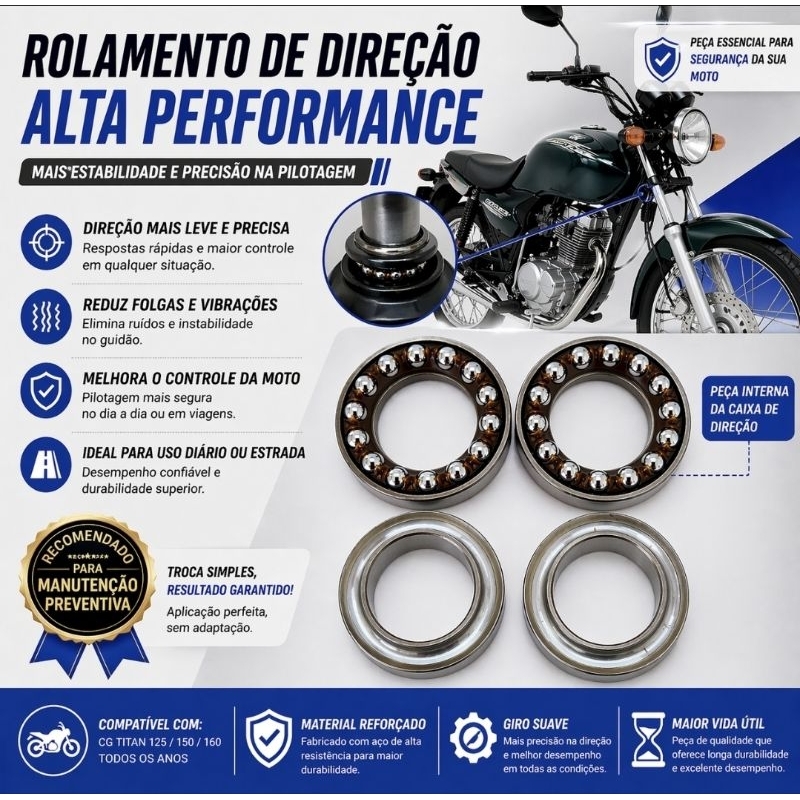 Caixa Direção CG 125 150 160 Titan Fan Cargo Rolamento Completa Esfera Roletada Moto Honda Resistente Durável Cawu