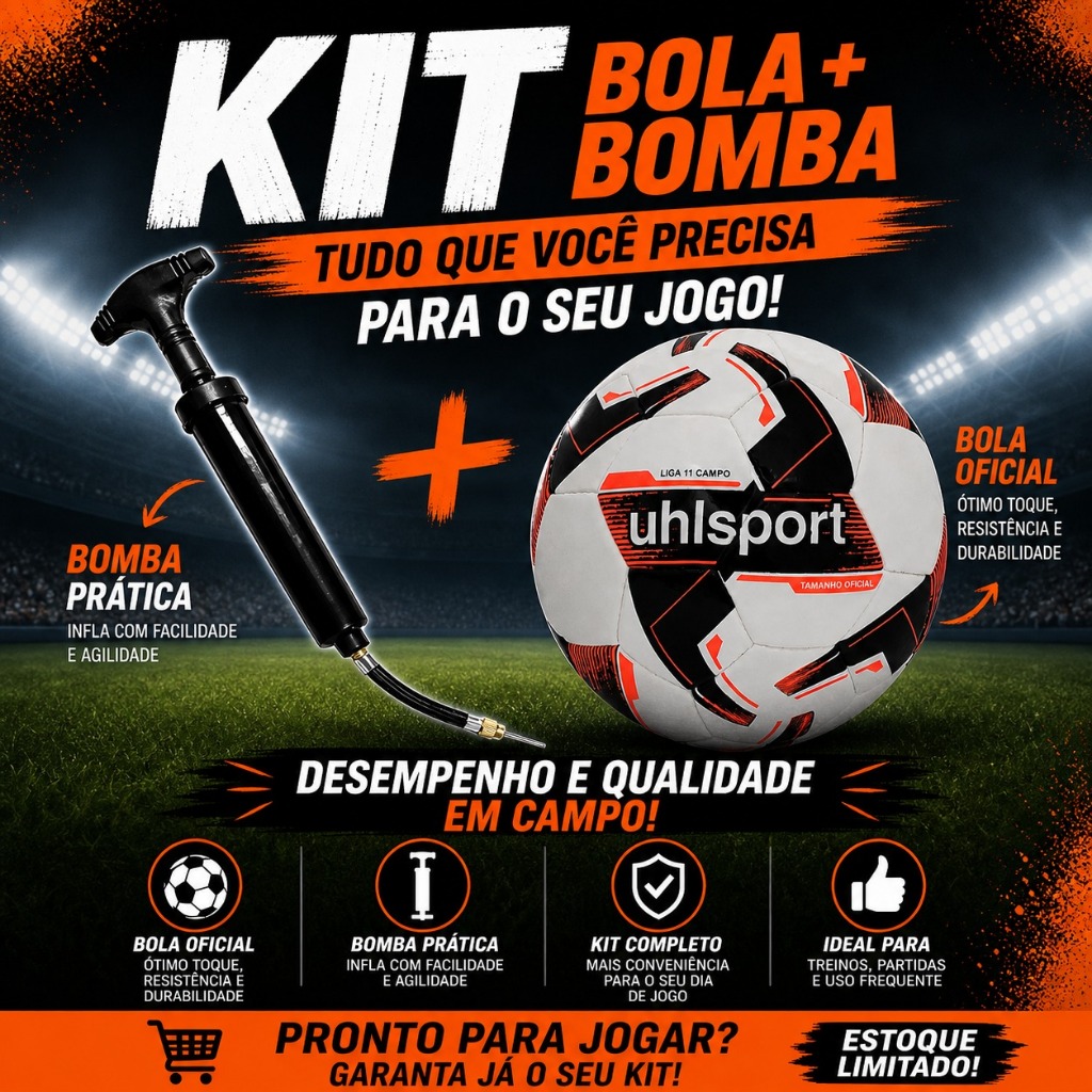 Kit Bola de Futebol + Bomba de Ar Manual Portátil Para Encher Bola Uhlsport Campo Oficial Resist Synergy Costurada Termo