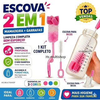 Escova com esponja 2 peças para mamadeira, garrafas, copos e jarras e bicos