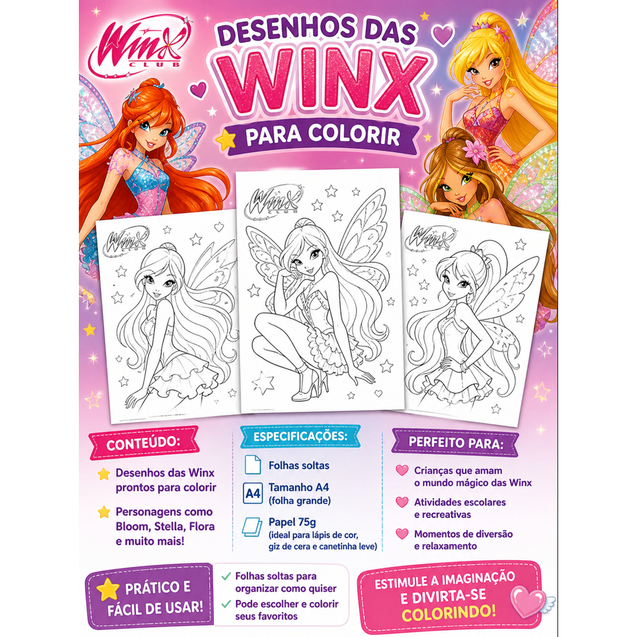 desenhos das winx para colorir- folhas soltas 75g tamanho A4