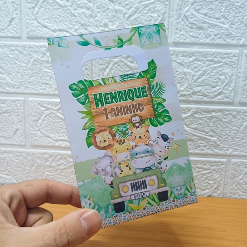 Sacolinha Personalizada Safari aquarela (PEGUE E MONTE) Sacolinha Surpresa Lembrancinhas para festa