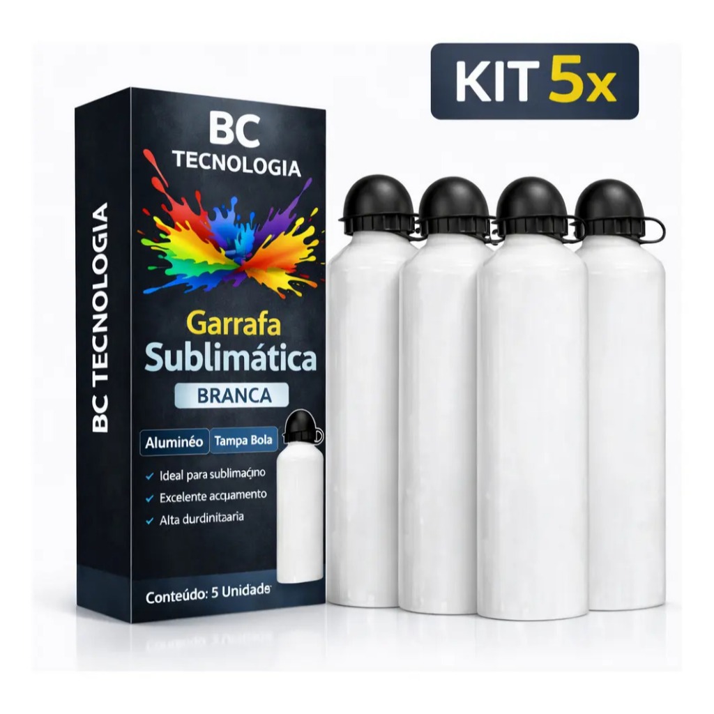 05 Garrafa de Alumínio Branca com Tampa Bola para Sublimação Garrafinha Squeezer 600ml Orca