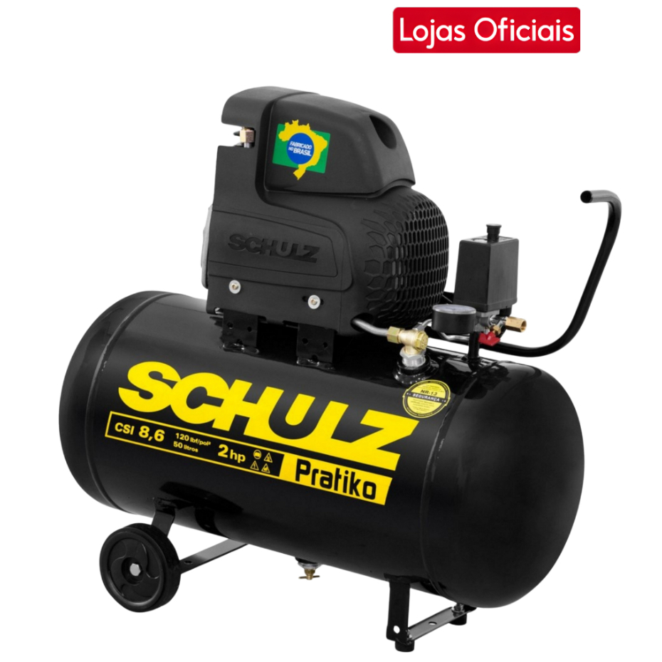 Compressor De Ar Schulz Pratiko CSI 8,6 Pés 50L 2HP 127V Monofásico Profissional Leve Com Rodas