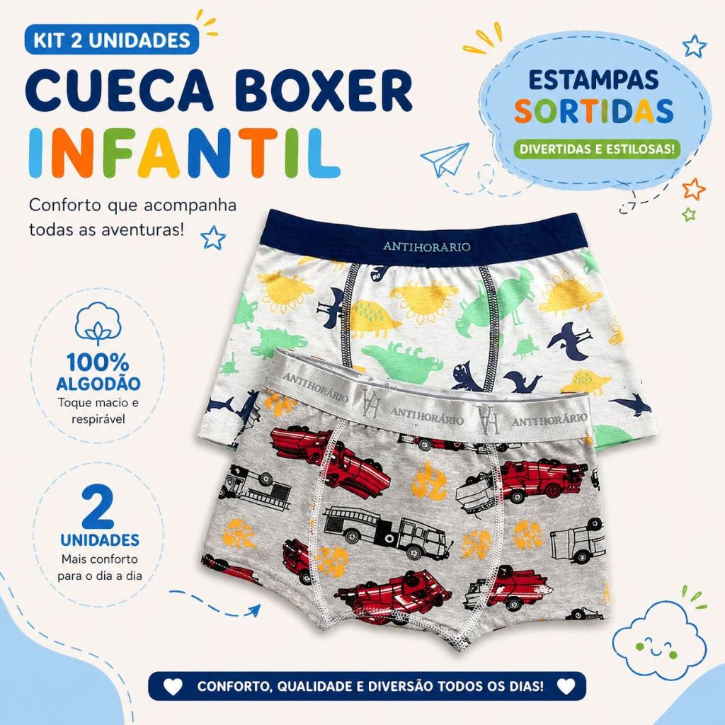 Kit 2 Cueca Boxer Infantil Menino Algodão Básica Estampada 539-K2
