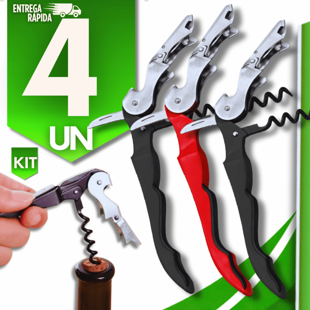 Conjunto 04 Abridor De Vinho Saca Rolhas Em Aço Inox Dois Estágios Premium Utilidades