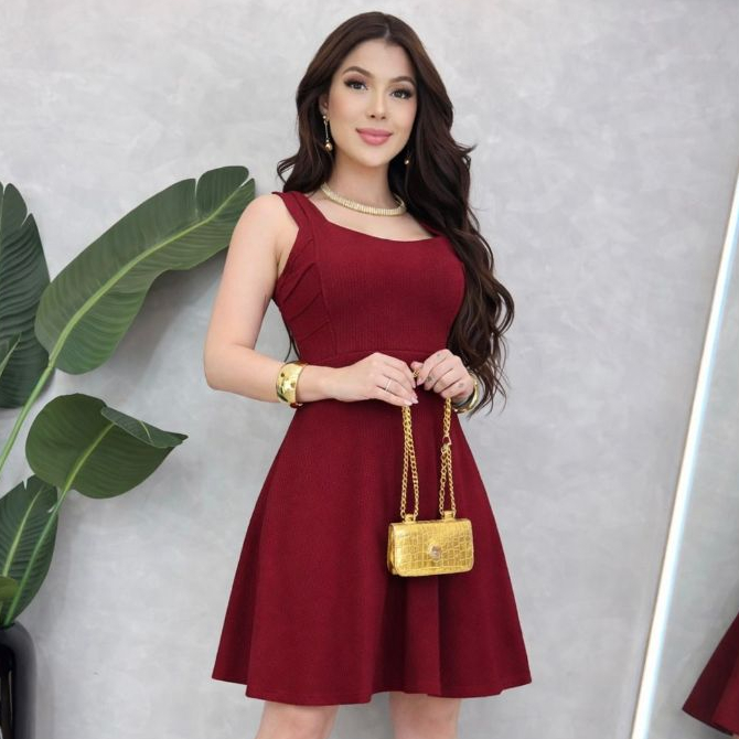 Vestido rodado alça larga com pregas nas alça feminino gode soltinho