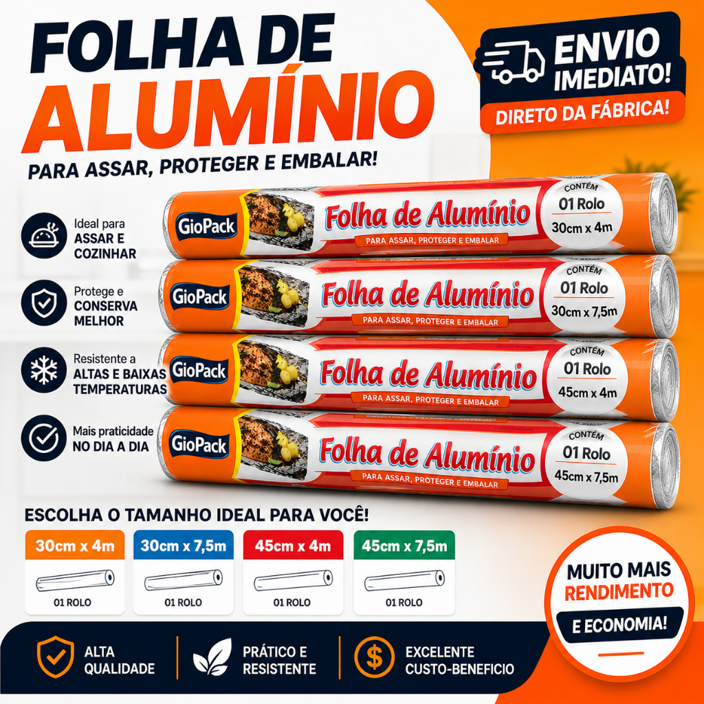 Rolo Papel Alumínio 30cmX4M / 30cmX7,5M / 45cmx4m / 45cmX7,5m metros Aluminio Assar Proteger Embalar