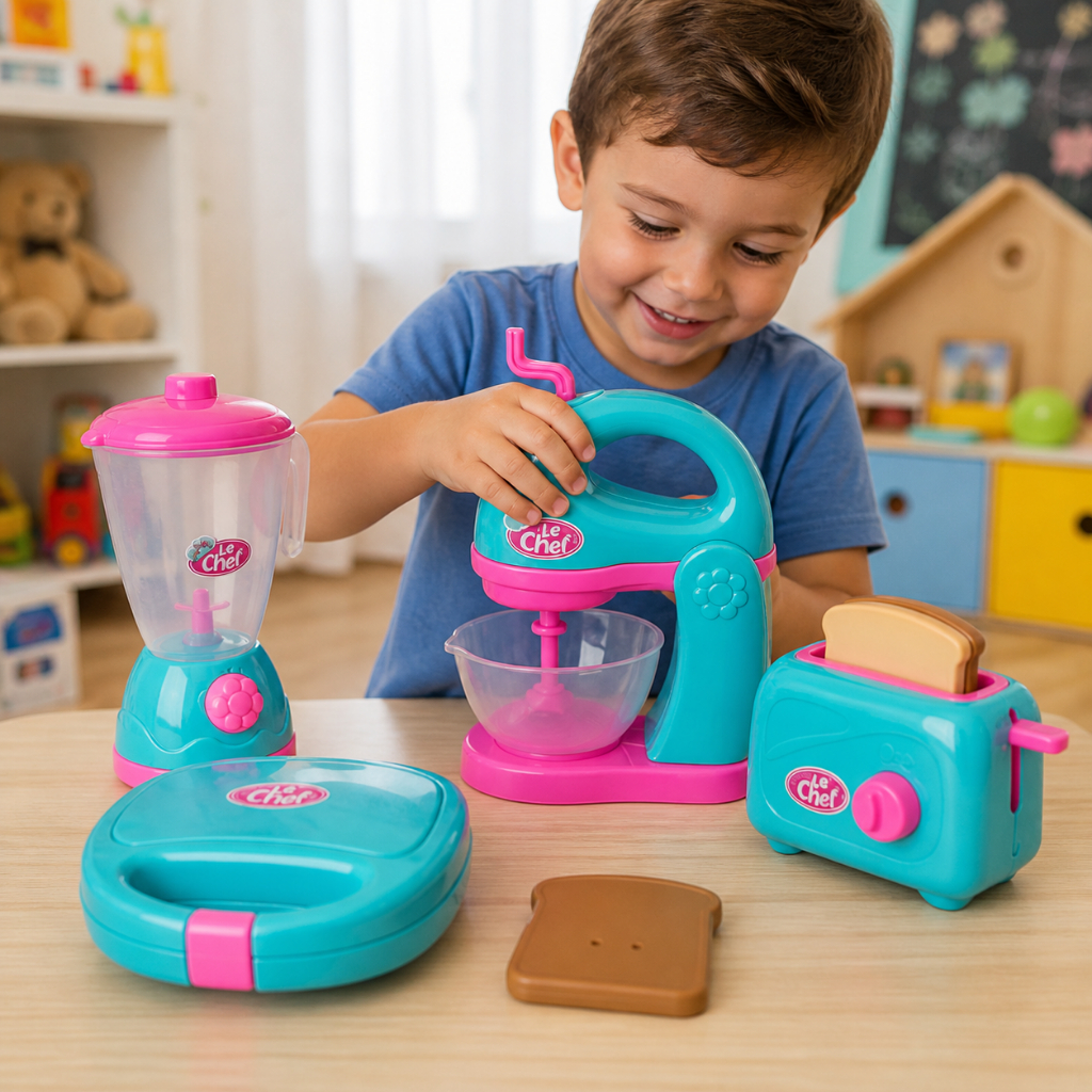 Kit Cozinha Infantil 4 Peças Le Chef Brinquedo Liquidificador Batedeira Torradeira Sanduicheira