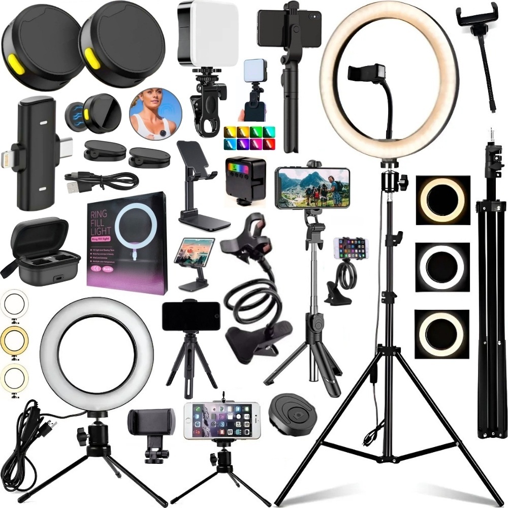 Kit Completo Luz Ring light Tripé Microfone Acessórios Filmagem Profissional Celular Android Iphone