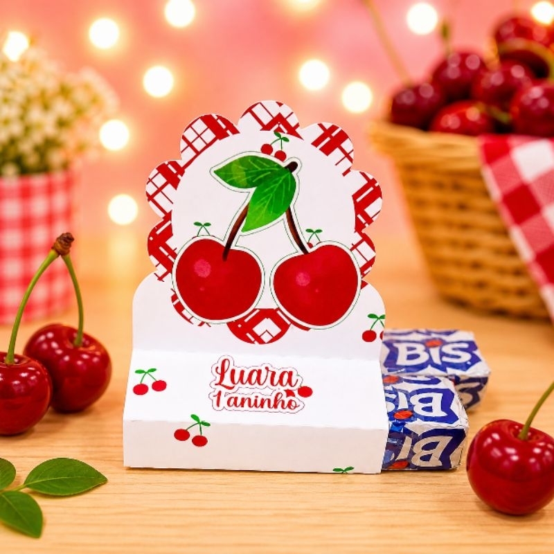 PEGUE E MONTE- Porta Bis Duplo Cereja- Cerejinha 2 - Personalizados- Lembrancinha de Festa- Aniversário- Decoração