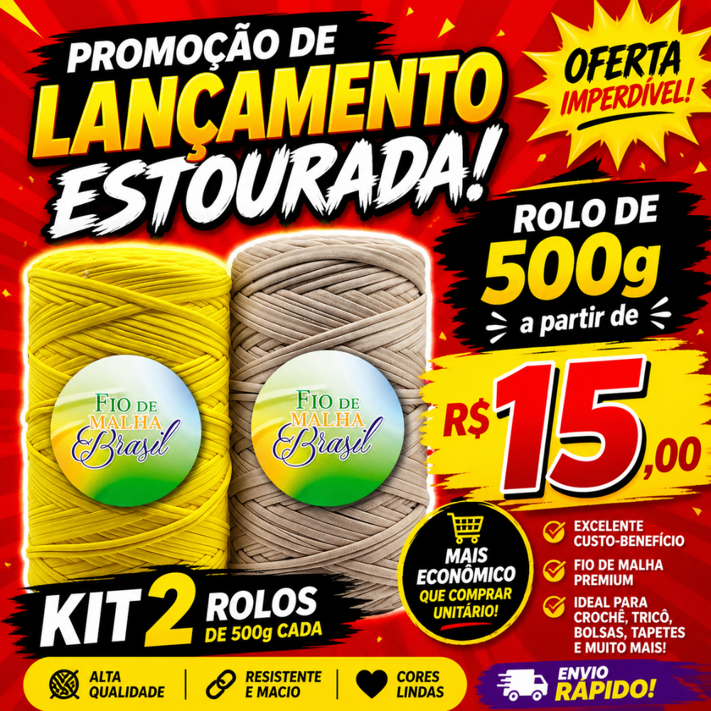[DESCONTO ESPECIAL 6.6] Kit Fio de Malha Brasil 500g - Kit 2 Rolos Crochê Tapete Econômico