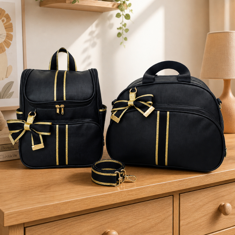 Bolsa Maternidade Preta e Mochila de bebe Luxo 2 Peças Premium Impermeável Enxoval Baby7