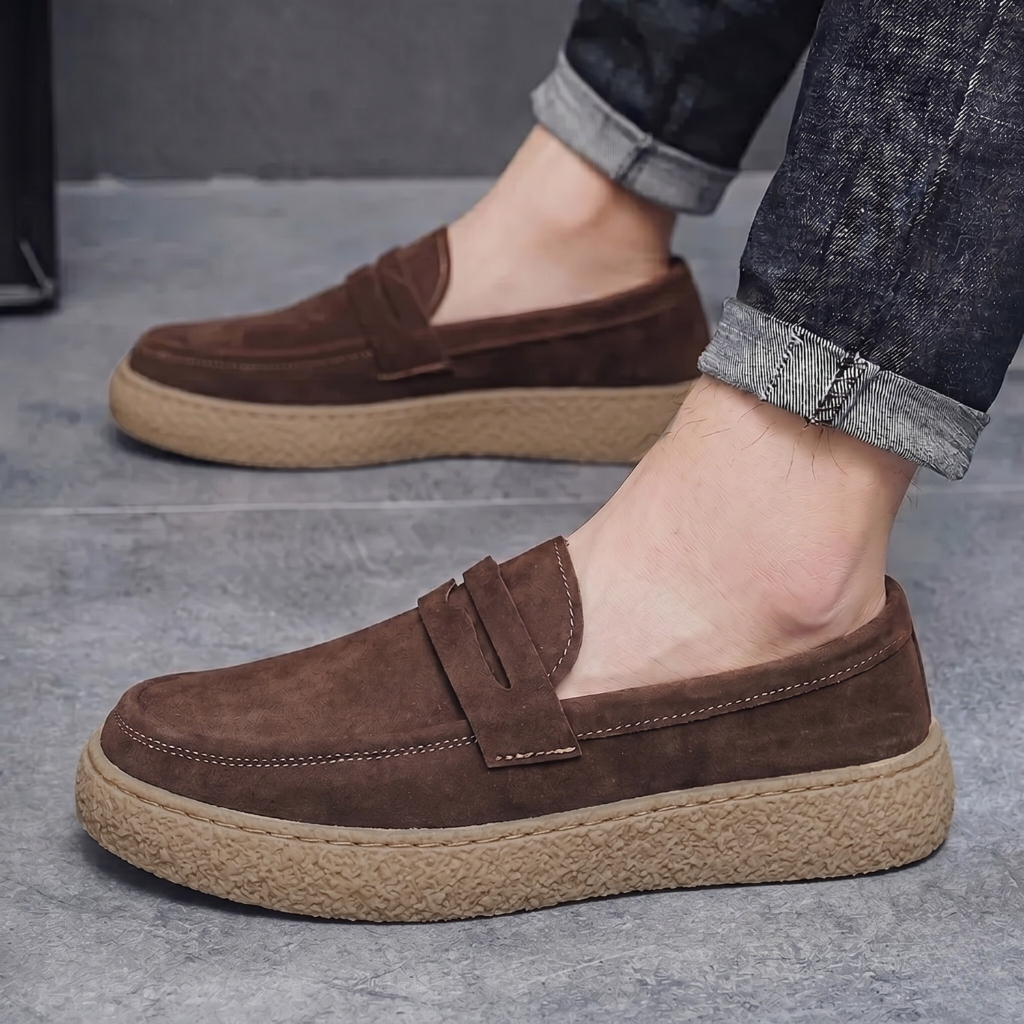 Mocassim Masculino Casual em Camurça Marrom com Sola Texturizada Antiderrapante Oversize 4cm