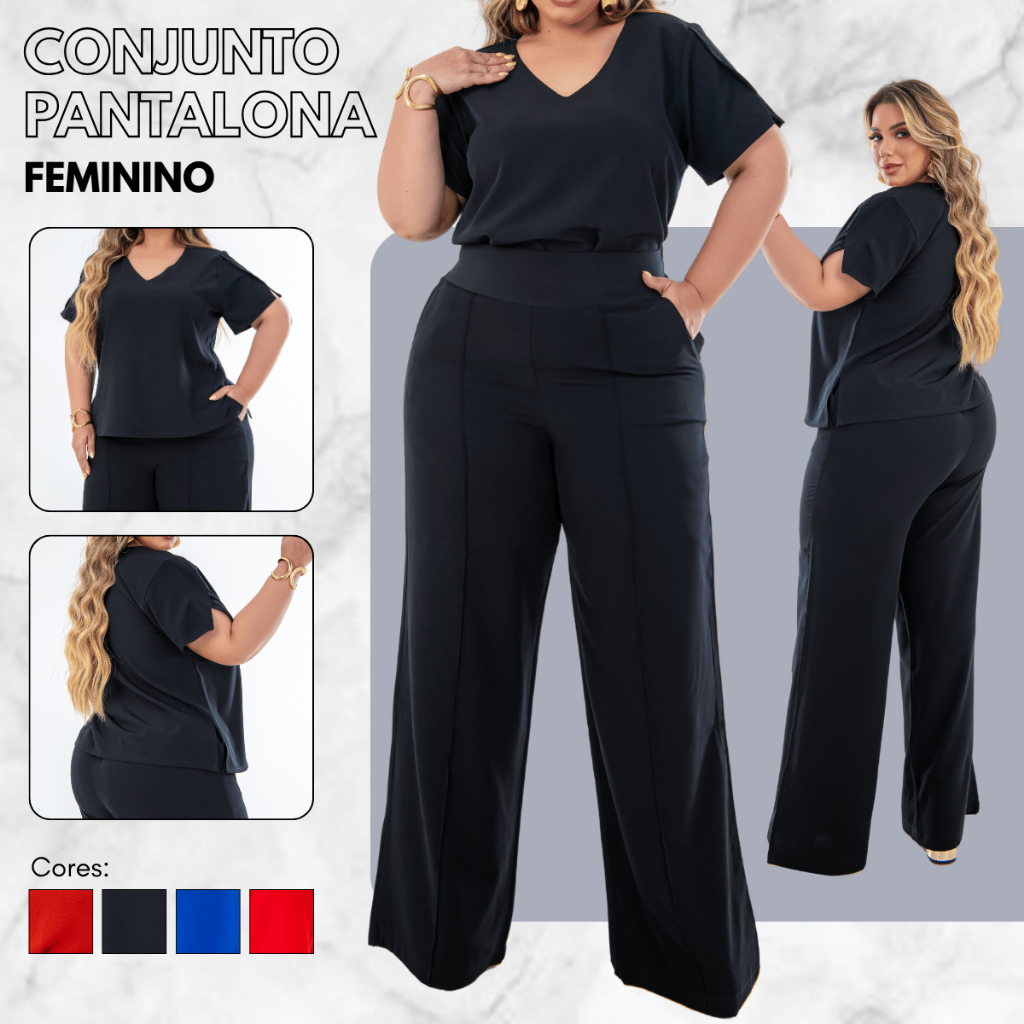 Conjunto Plus Size Feminino Calça Pantalona e Blusa Decote V Moda Maior Curve