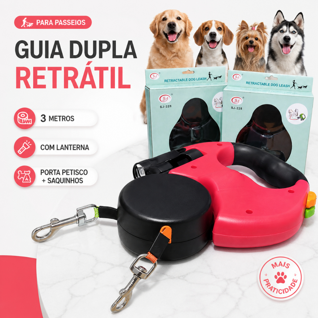 Guia Dupla Retrátil com 3 Metros para Cães - Lanterna e Porta Petisco, Saquinhos Higiênicos