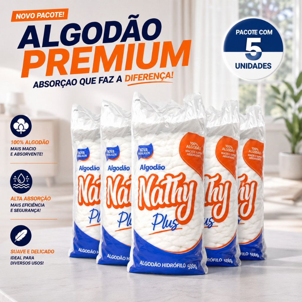 Kit 5x Algodão Hidrófilo Nathy 500g em Rolo Ideal Para Limpeza Facial Hospital e Manicure