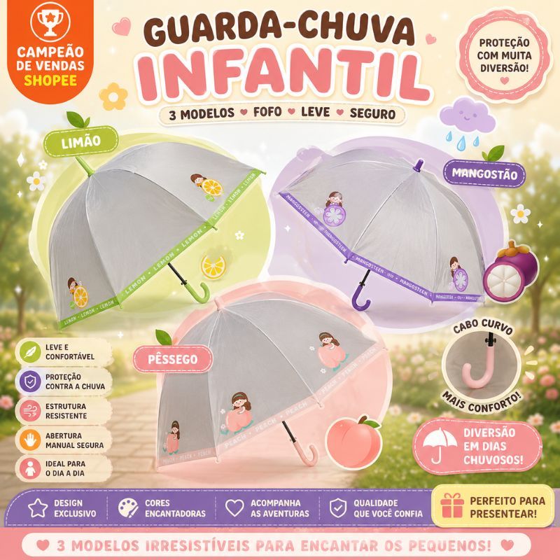 Guarda‑Chuva Infantil Transparente Estampado Fruit - Resistente,  Manual , Seguro, Escolar Frutas
