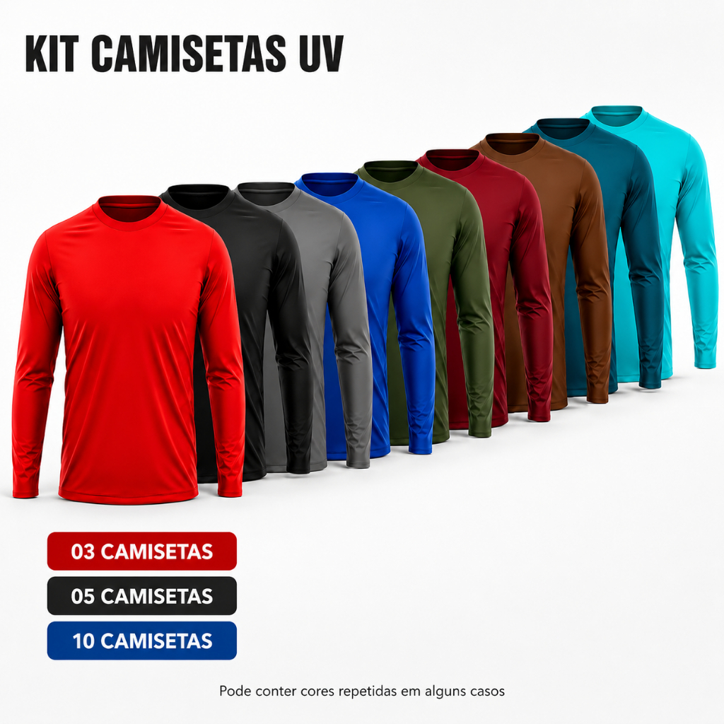Kit Com 03/05/10 Camiseta Uv Proteção Solar Térmica Uv50 Segunda Pele Masculina Treino Verão Cores Sortidas P AO G3