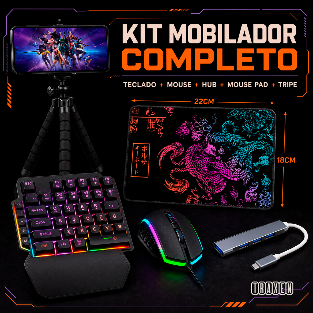 Kit Mobilador One Hand Gamer Completo Para Celular Com Teclado + Mouse Gamer Led RGB