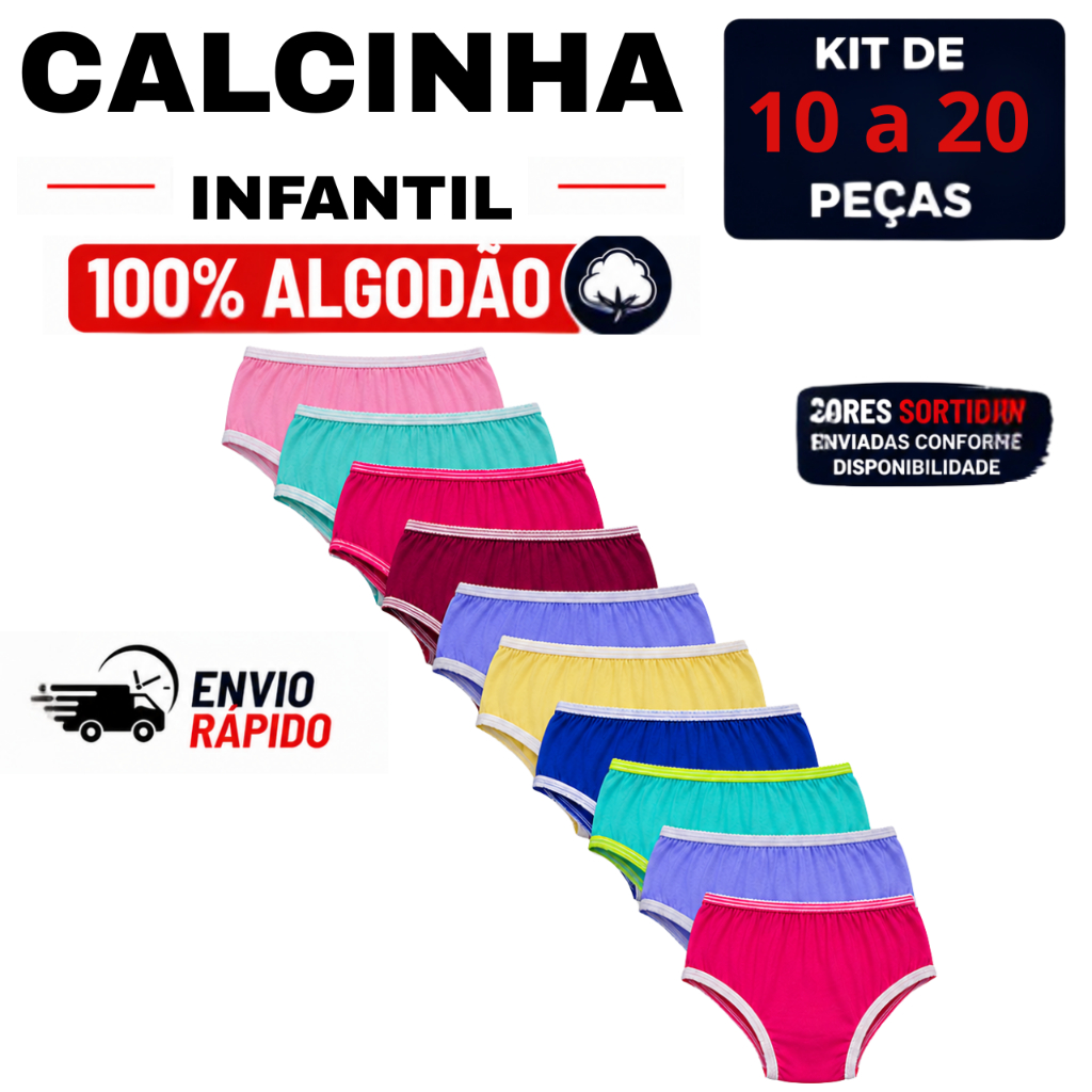 Kit de 10 ou 20 calcinhas menina CORES LISAS 100% algodão diversas cores para desfralde ENVIO RÁPIDO