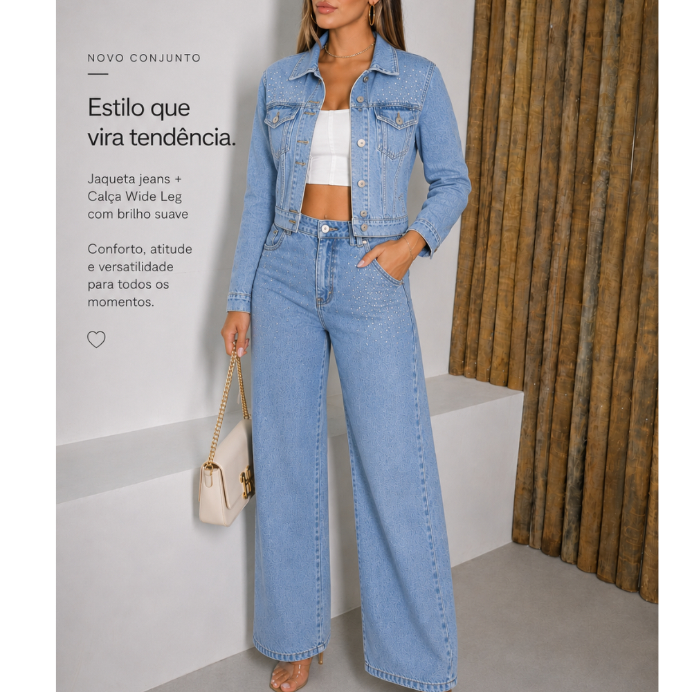 Conjunto Jeans Feminino Wide Leg com Jaqueta e Strass | Look Premium Fashion