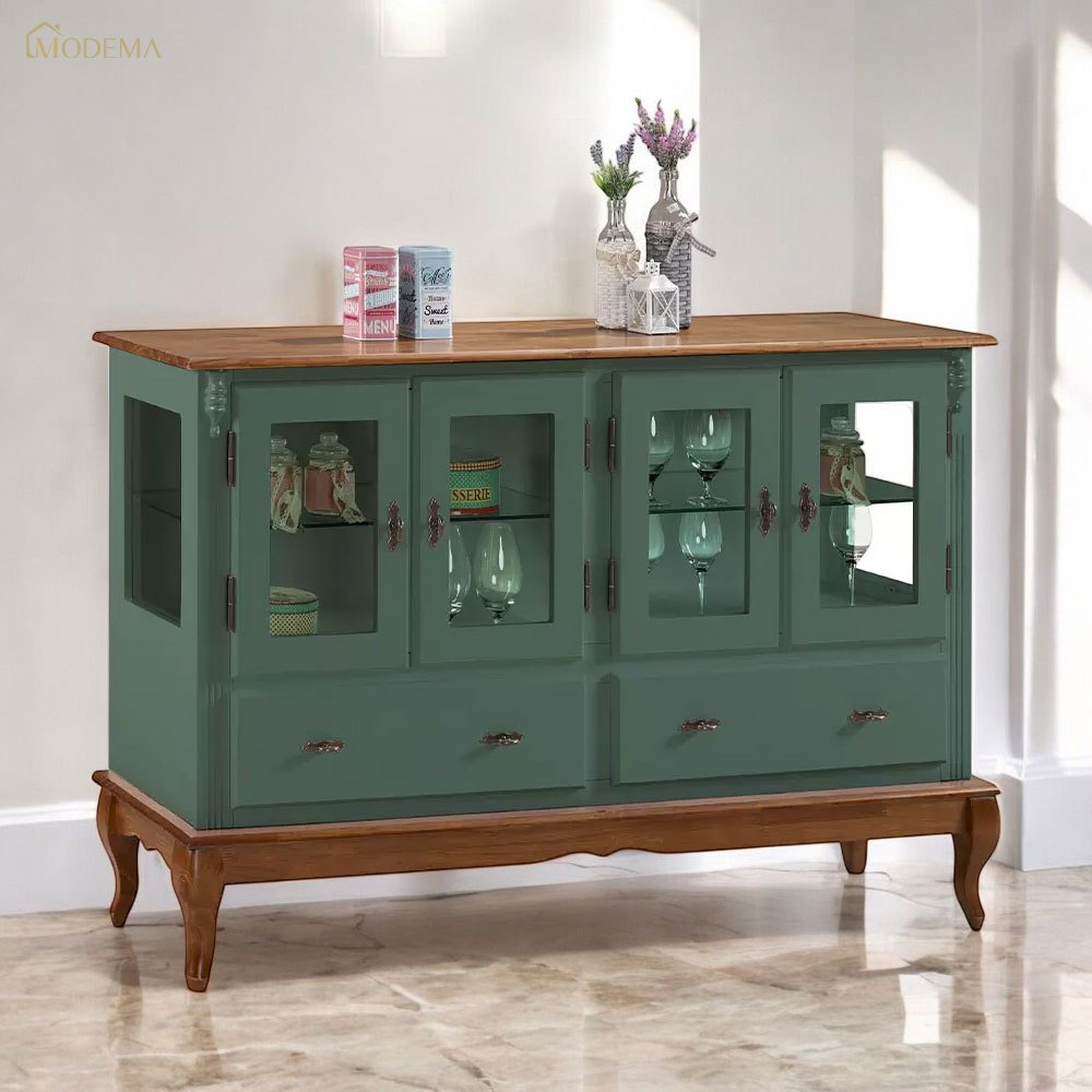 Buffet Aparador 4 Portas 2 Gavetas Prateleiras em Vidro 60510 - Verde Musgo/Imbuia Glazer