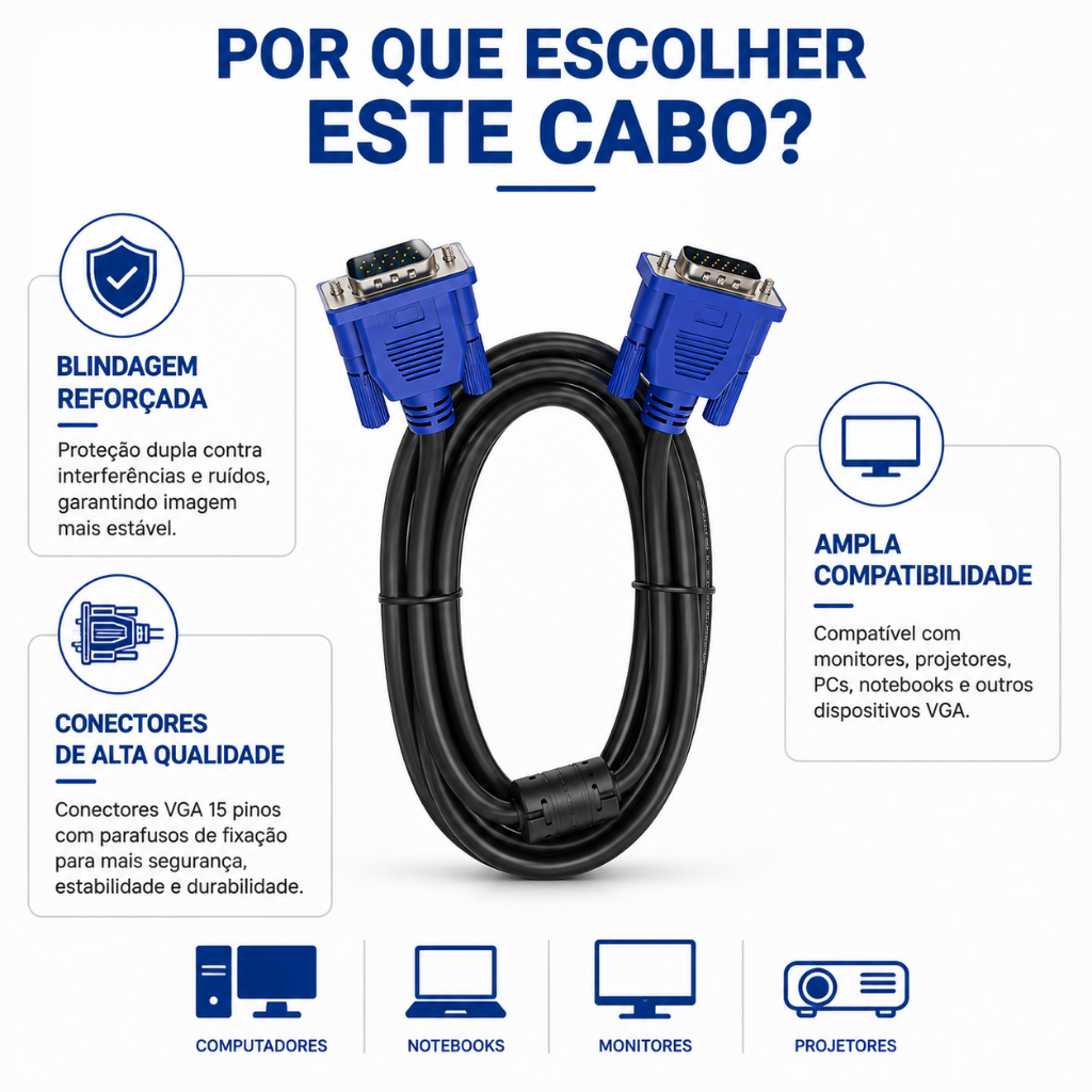 Cabo VGA Macho Reforçado Computador Monitor Vídeo Imagem 1.8 Metros — imagem 2 de 2