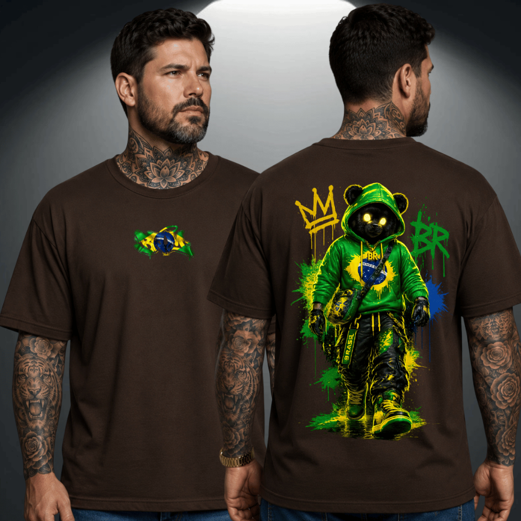 Camiseta Masculina Estampa Urso Bear Brasil Copa Do Mundo 100% Algodão Camisa Streewear