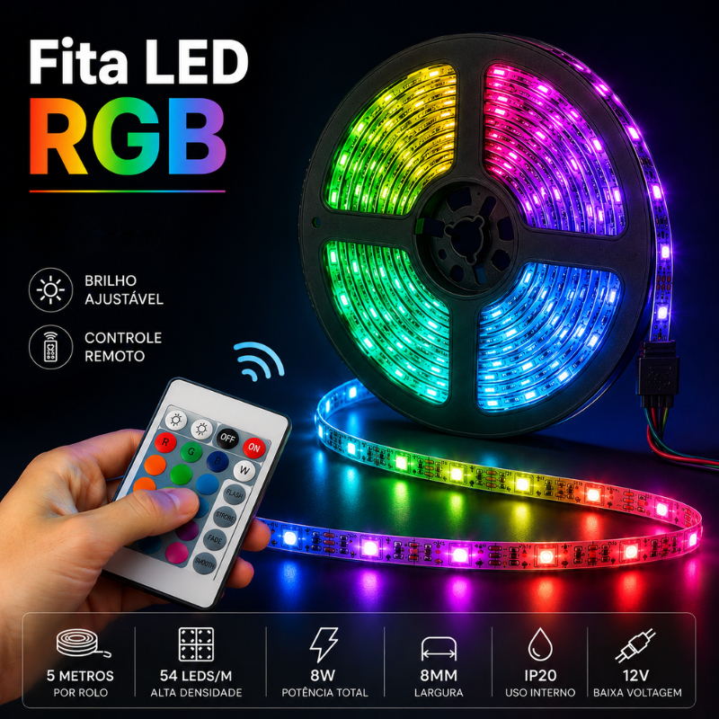 Fita de LED RGB 15M Bivolt 12V Prova d'Água IP65 - Kit Completo com Controle 16 Cores e Fonte