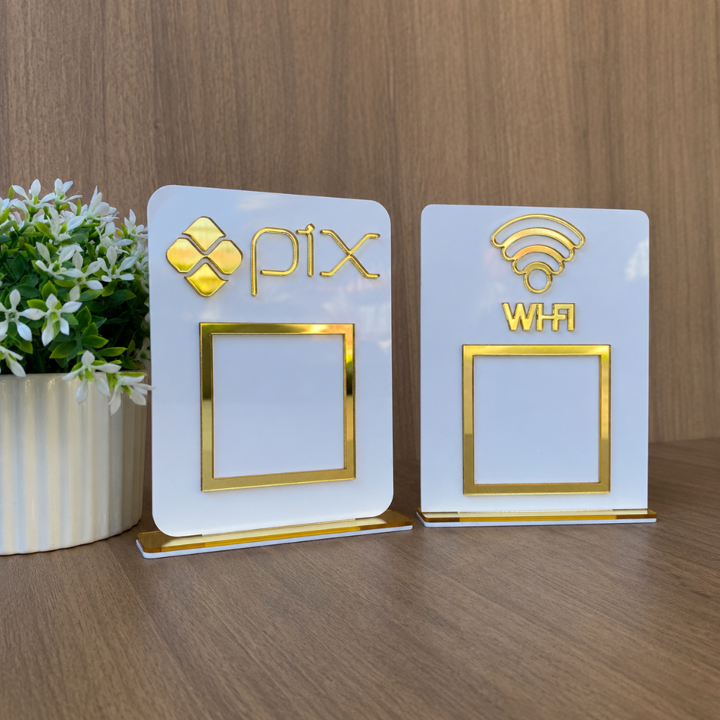 Kit Placa Pix e WiFi Acrílico Suporte Display Mesa Balcão Loja Escritório Pagamento QR Code Moderno