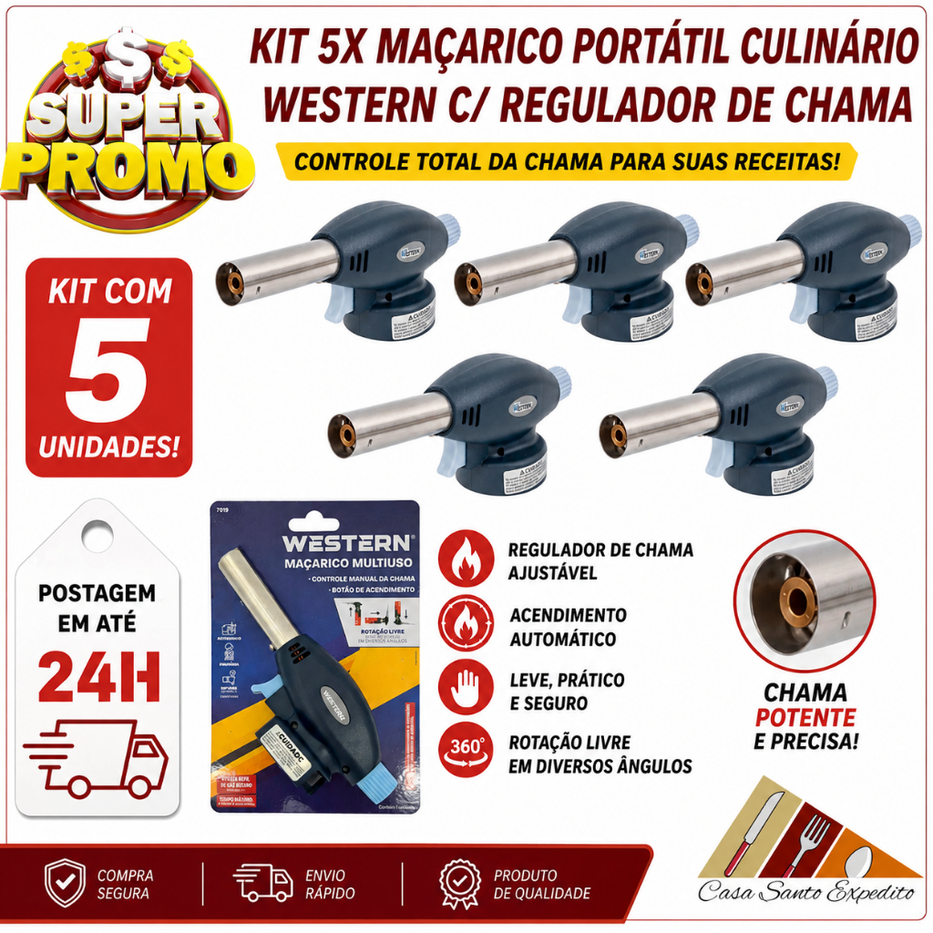 Kit Conjunto 5 Maçarico Portátil Culinário Regulador de Chama Western Cozinha ENVIO IMEDIATO