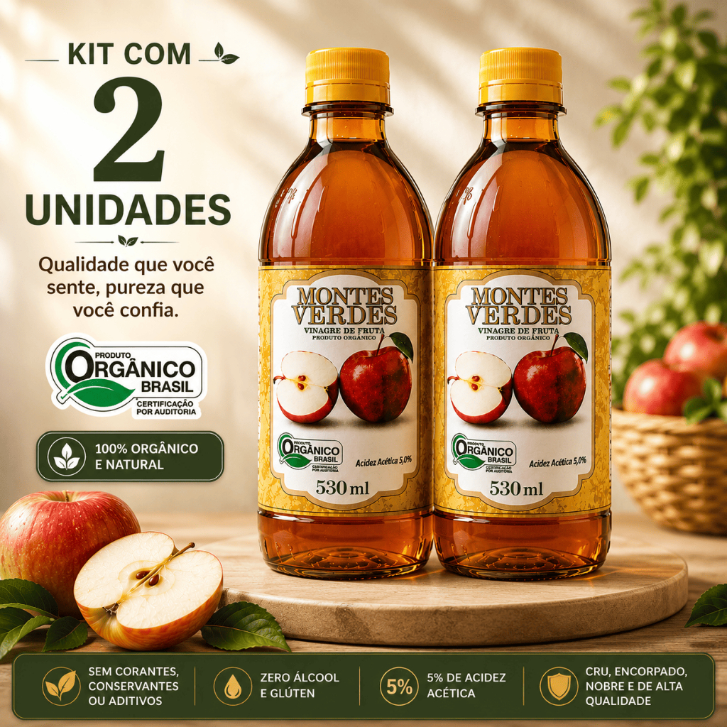 Kit 2x Vinagre de Maçã Orgânico Zero Açúcar 530ml Montes Verdes