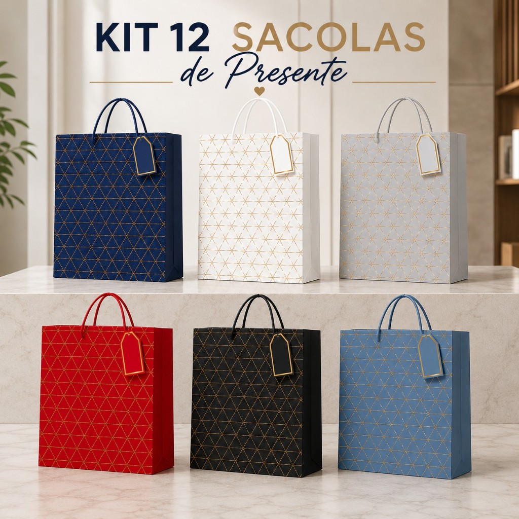 Kit 12 Sacolas de Presente Luxo com Alça e Detalhes Dourados