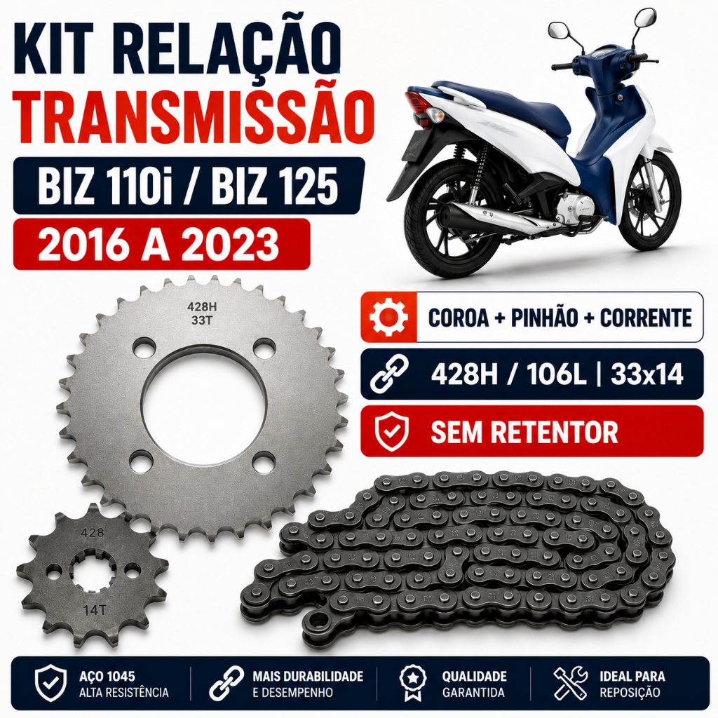 Kit Relação Biz 110i 2016 a 2023 Sem Retentor Corrente Coroa Pinhão GSW