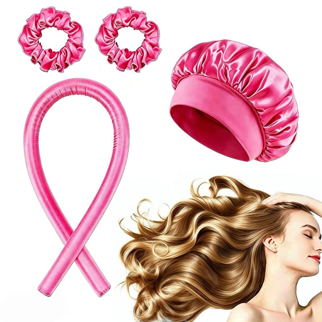 Kit 4 Peças: Modelador de Cachos Heatless + 2 Xuxinhas Cetim + Touca Antifrizz Cetim - Protege o Cabelo e Define Cachos